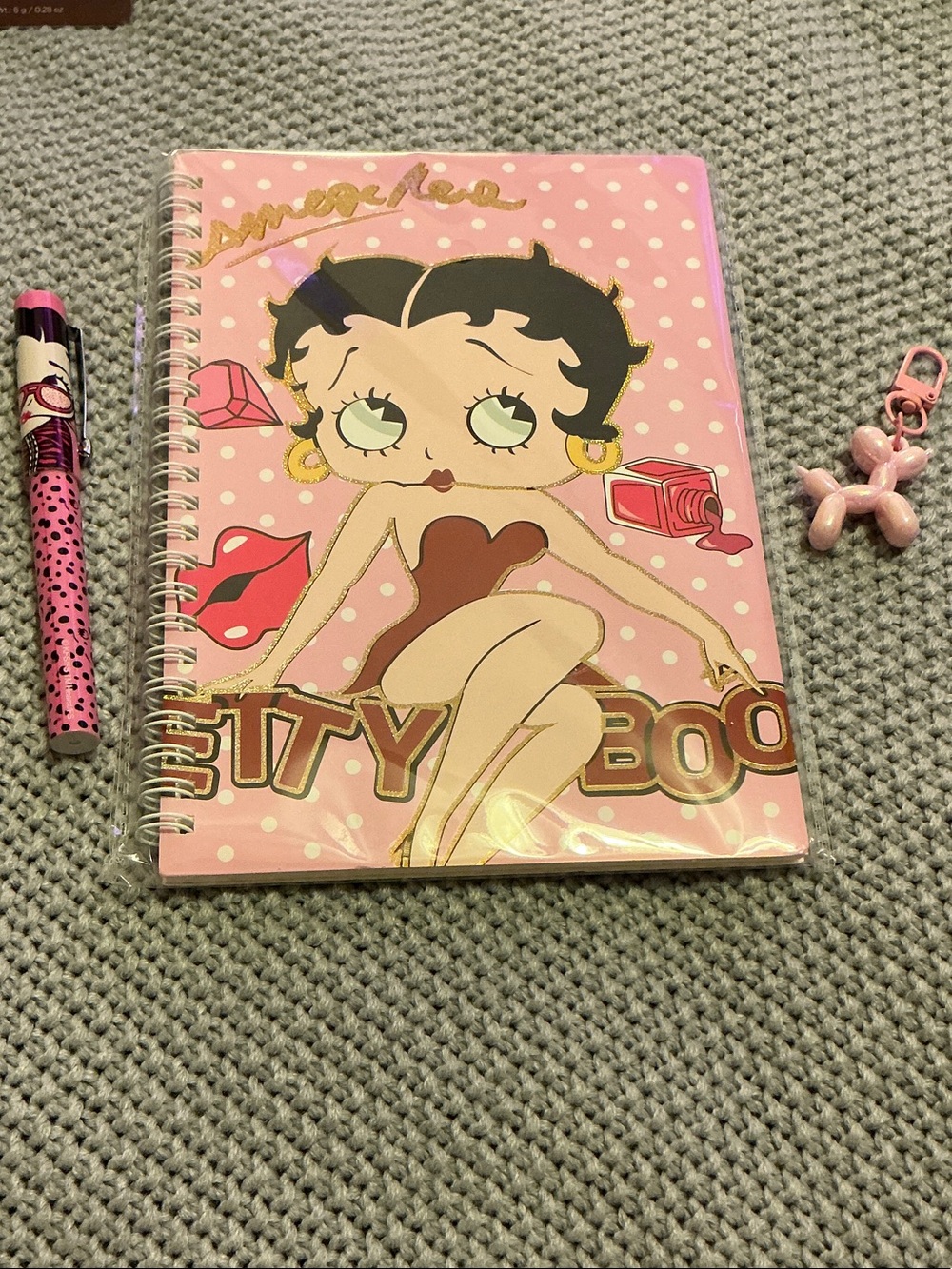 Betty Boop (3 Pcs) Pink Spiral Notebook W/Pen & Ballon Dog Keychain.
